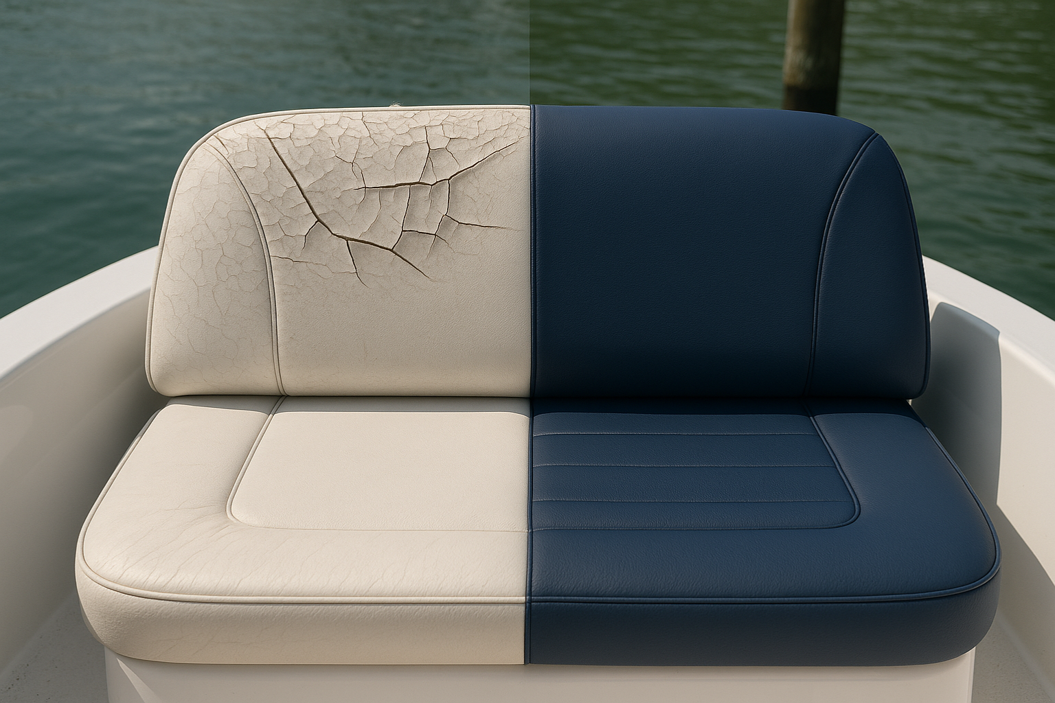 A boat with newly restored marine upholstery and seating docked in Naples, Florida.
