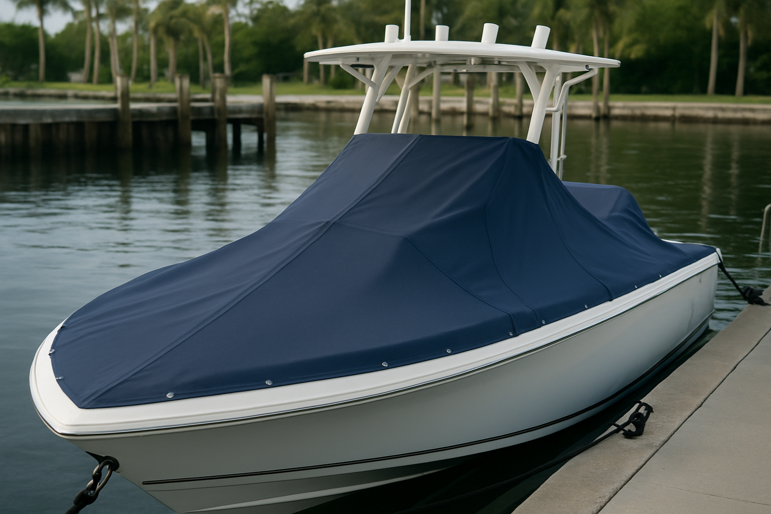 A docked motorboat with a clean, navy blue marine canvas cover.