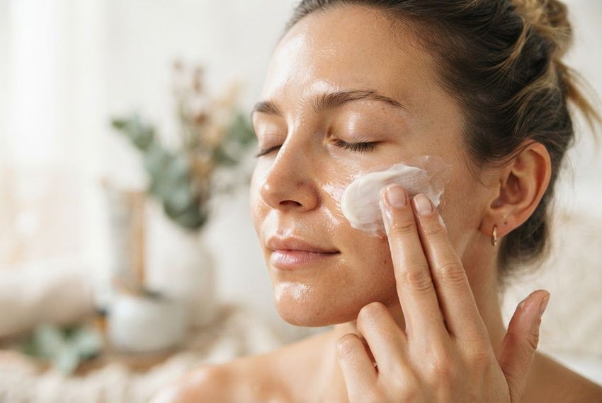 Woman applying cream to her cheek in a softly lit bathroom