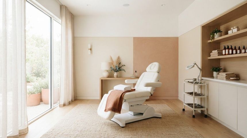 Modern spa treatment room with a white recliner, soft beige decor, shelves, and large window light