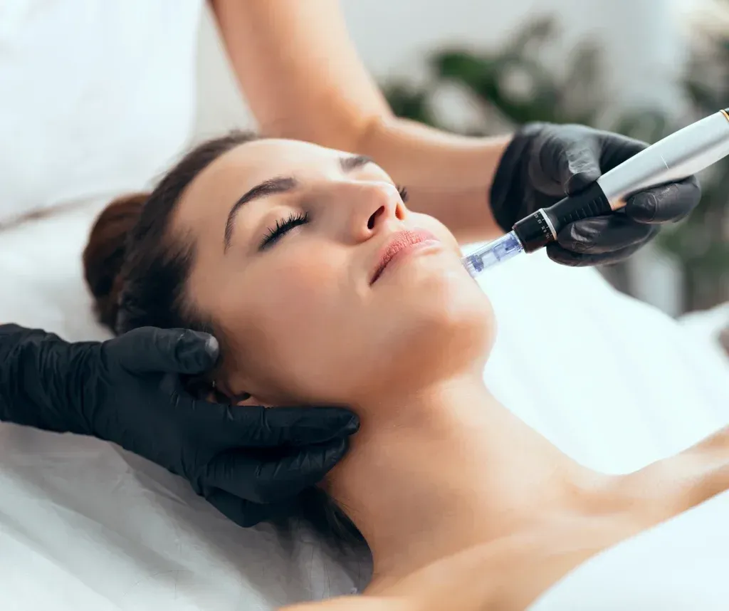 Cosmetic facial treatment with a handheld device on a reclining client in a spa setting