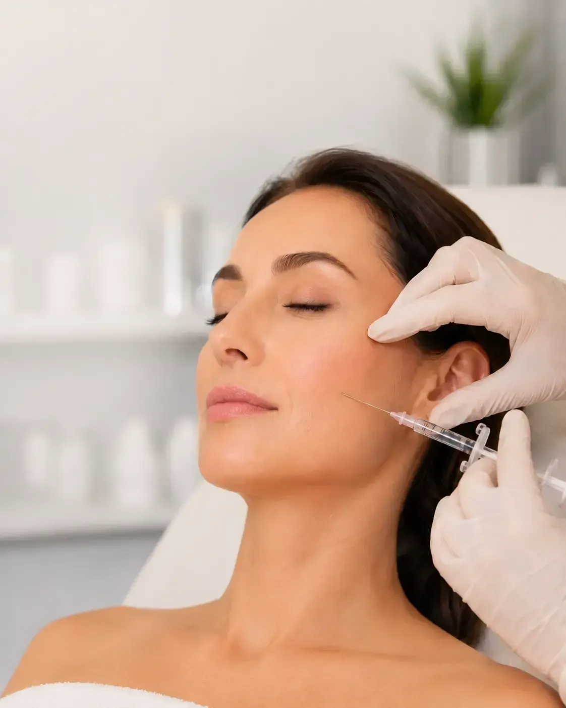Woman receiving a facial injection at a spa clinic, with gloved hands administering treatment.