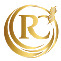 Gold monogram logo with the letter R inside a circular swirl and DNA helix accent