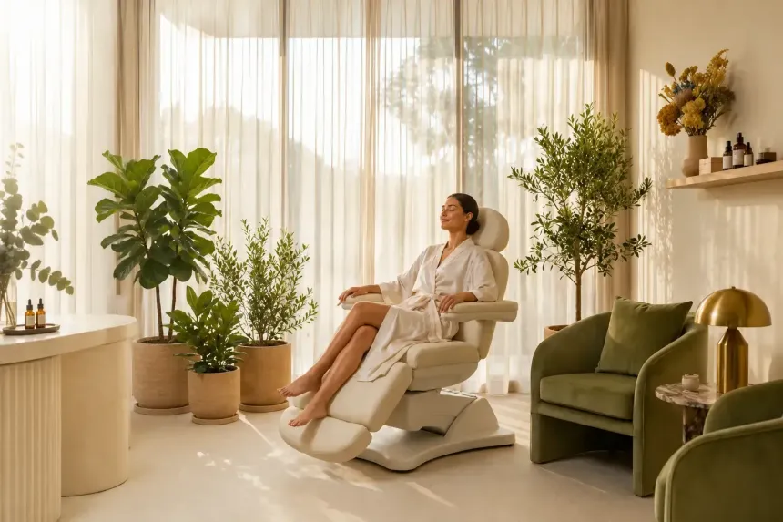 Woman relaxing in a cream recliner in a sunlit, plant-filled living room with green chairs and sheer curtains