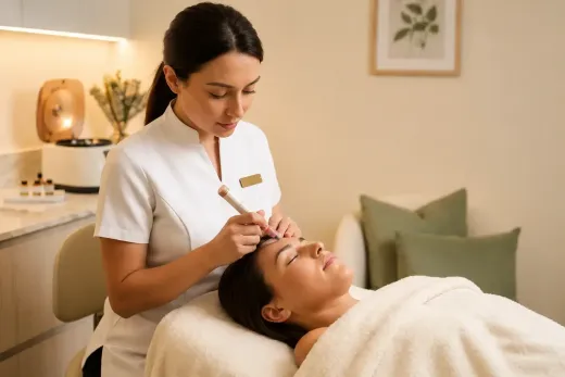 Esthetician applying facial treatment to a client on a spa bed in a calm treatment room
