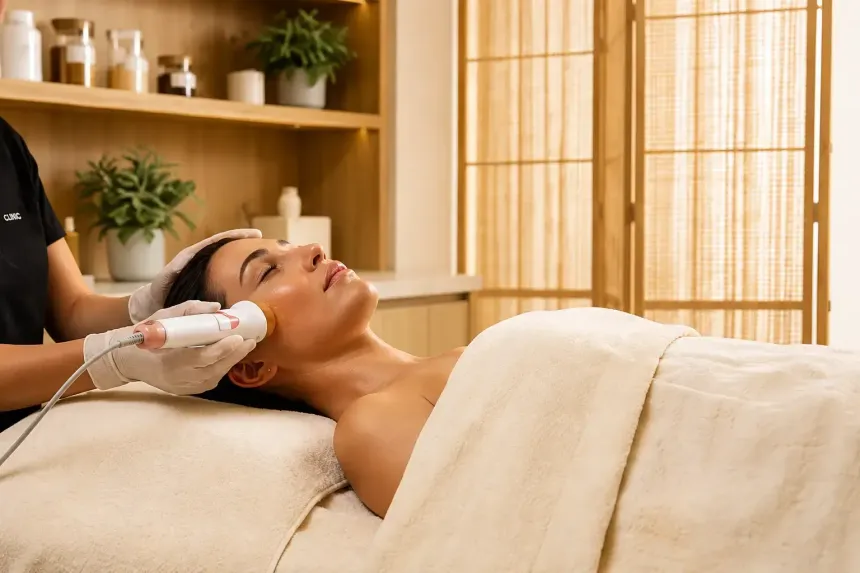Woman receiving a facial treatment on a spa bed, with a technician using a handheld device.