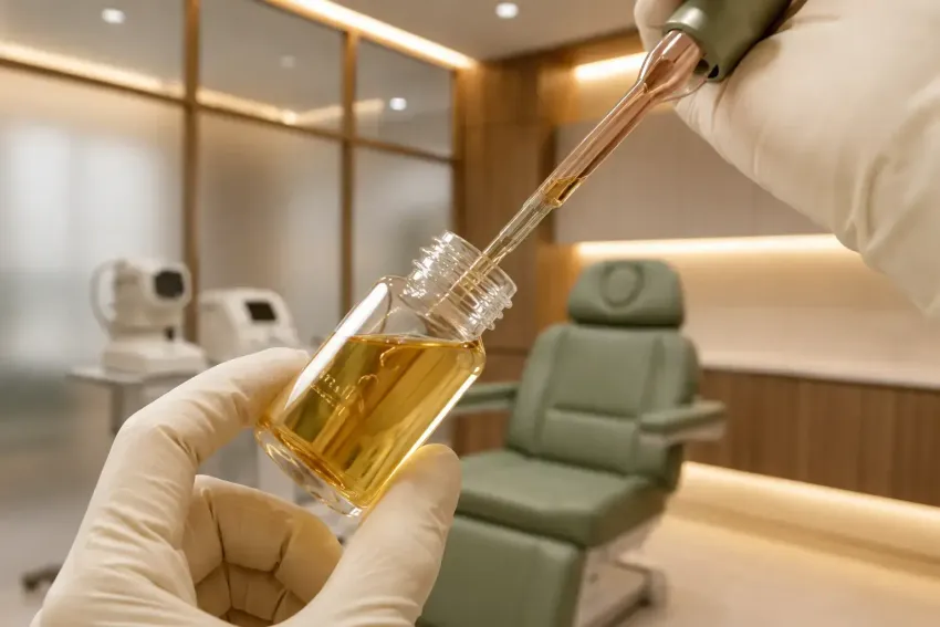 Gloved hands hold a syringe filled with yellow liquid in a modern clinic treatment room