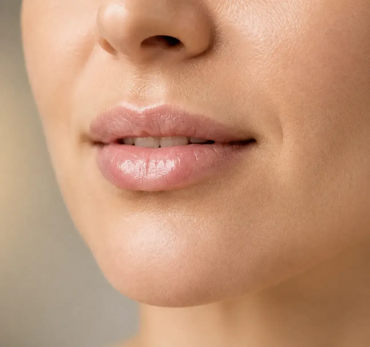 Close-up of a person’s lips and lower face with natural pink lipstick and smooth skin