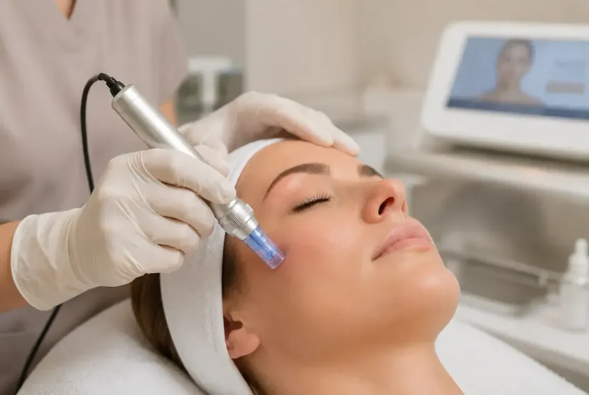 Cosmetic facial treatment with a handheld device applied to a woman's cheek in a spa clinic