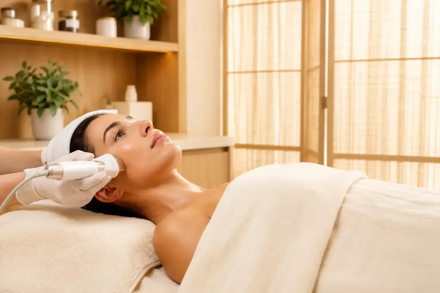 Spa therapist applying a facial treatment to a relaxed client on a massage bed