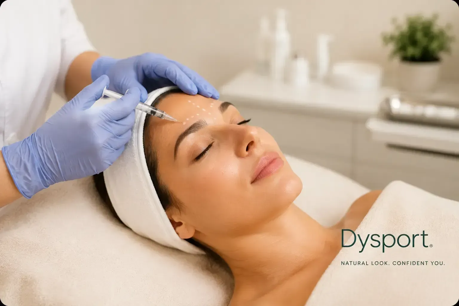 Gloved clinician injecting forehead of a reclining patient in a spa-like treatment room