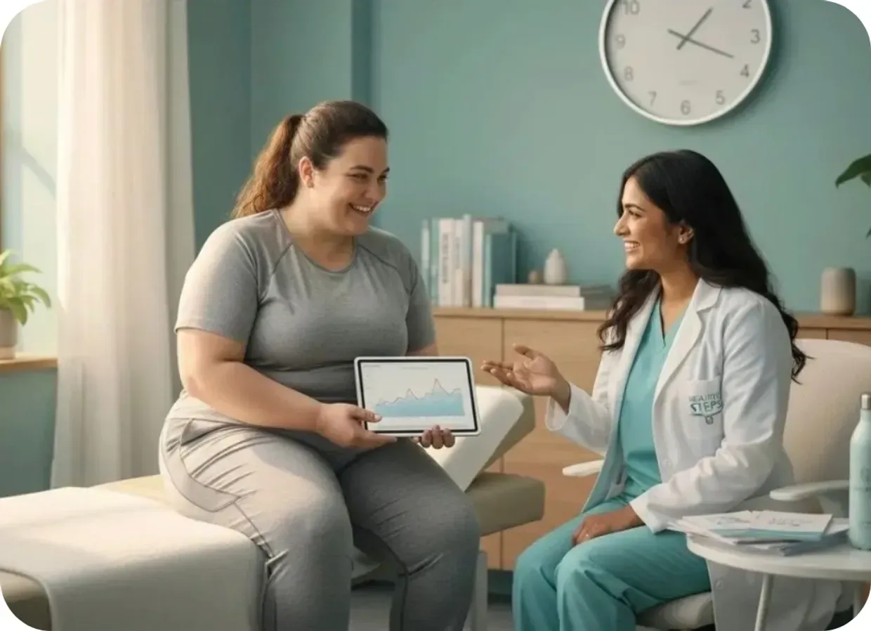Two women talking in a bright clinic, one holding a tablet and the other in a white coat.