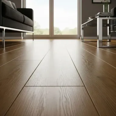 Low-angle view of a modern living room with light brown wood flooring, a sofa, and a metal table near a large window.