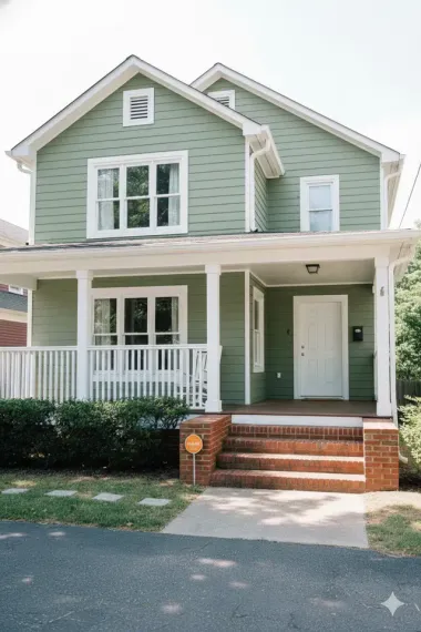 A two-story sage green house with a white porch, white trim, and red brick front steps on a sunny day.