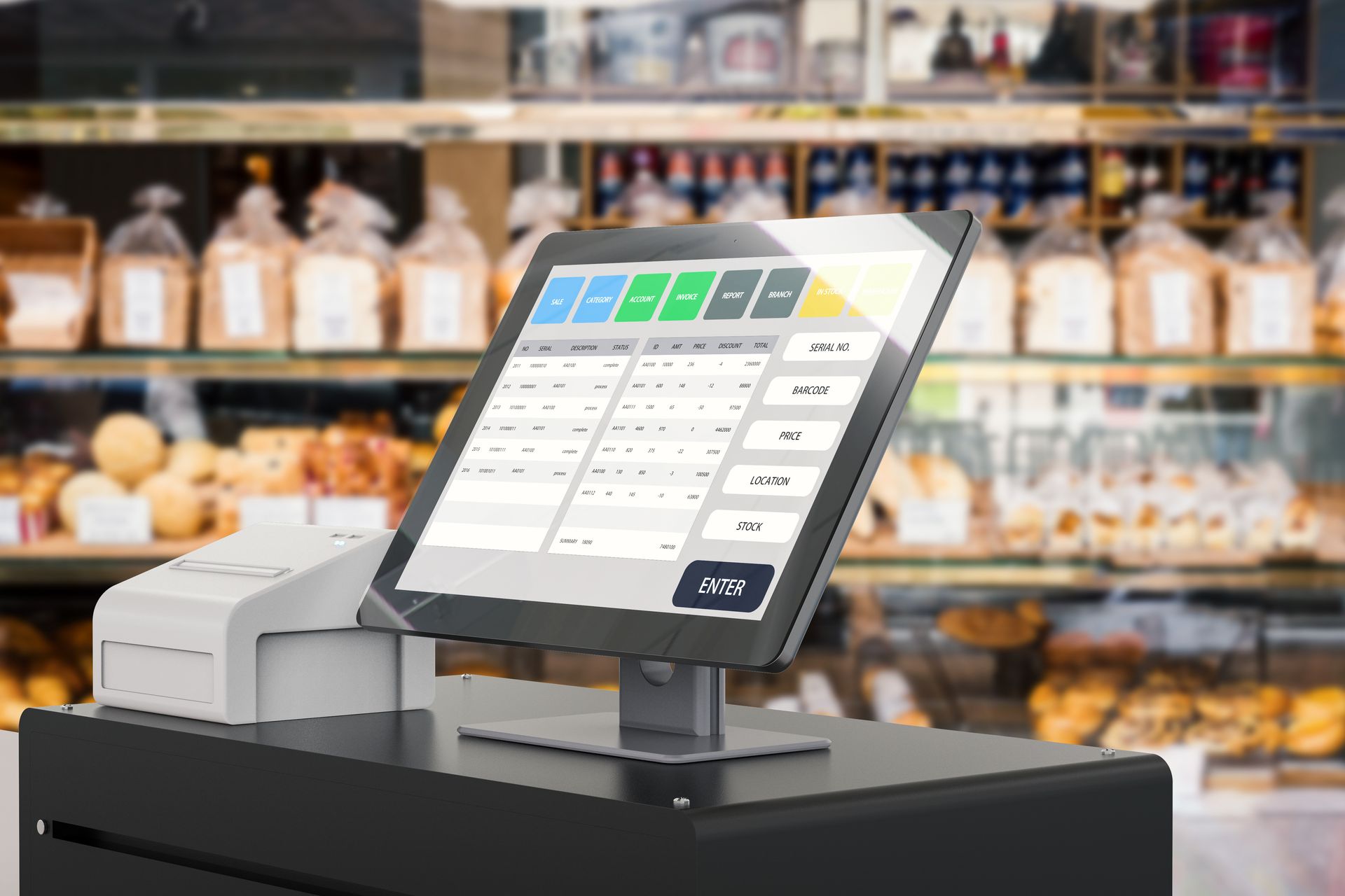 Point-of-sale touchscreen register on a counter in a café or bakery.