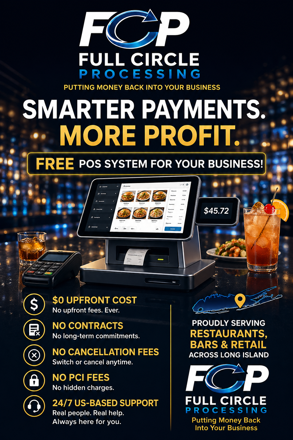 FCP Full Circle Processing ad for smarter payments, featuring a POS system and gold text on a dark background