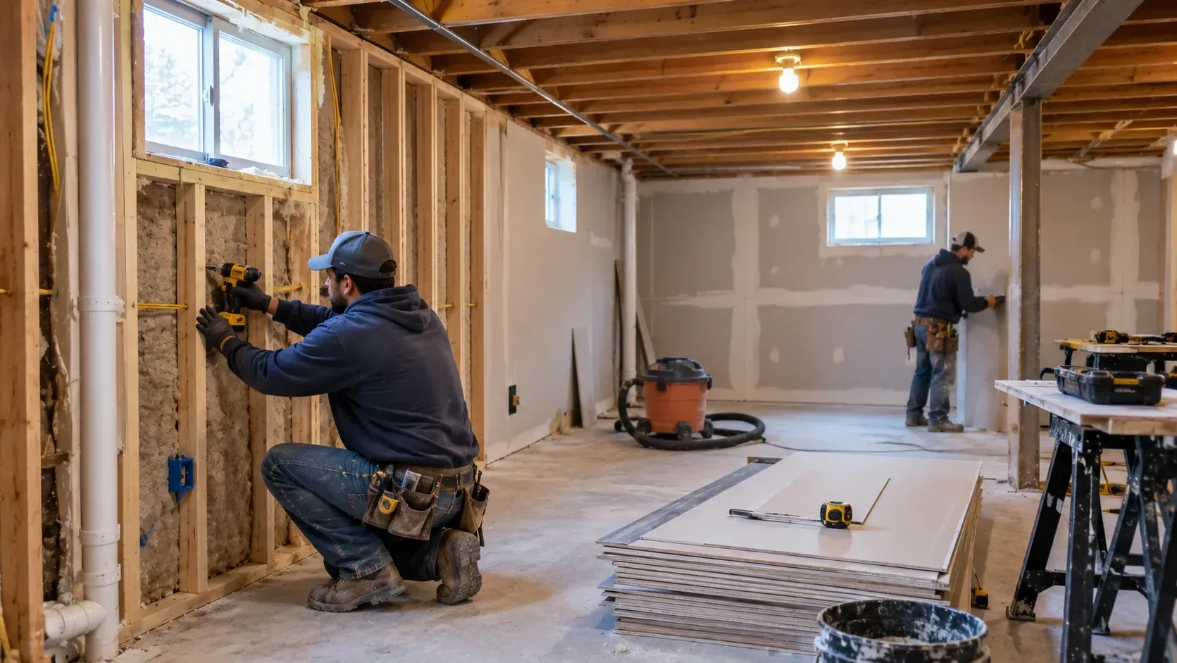A contractor measuring a wall during a residential renovation, illustrating the planning considerations for How Much Does Basement Remodeling Cost in Poughkeepsie, NY?