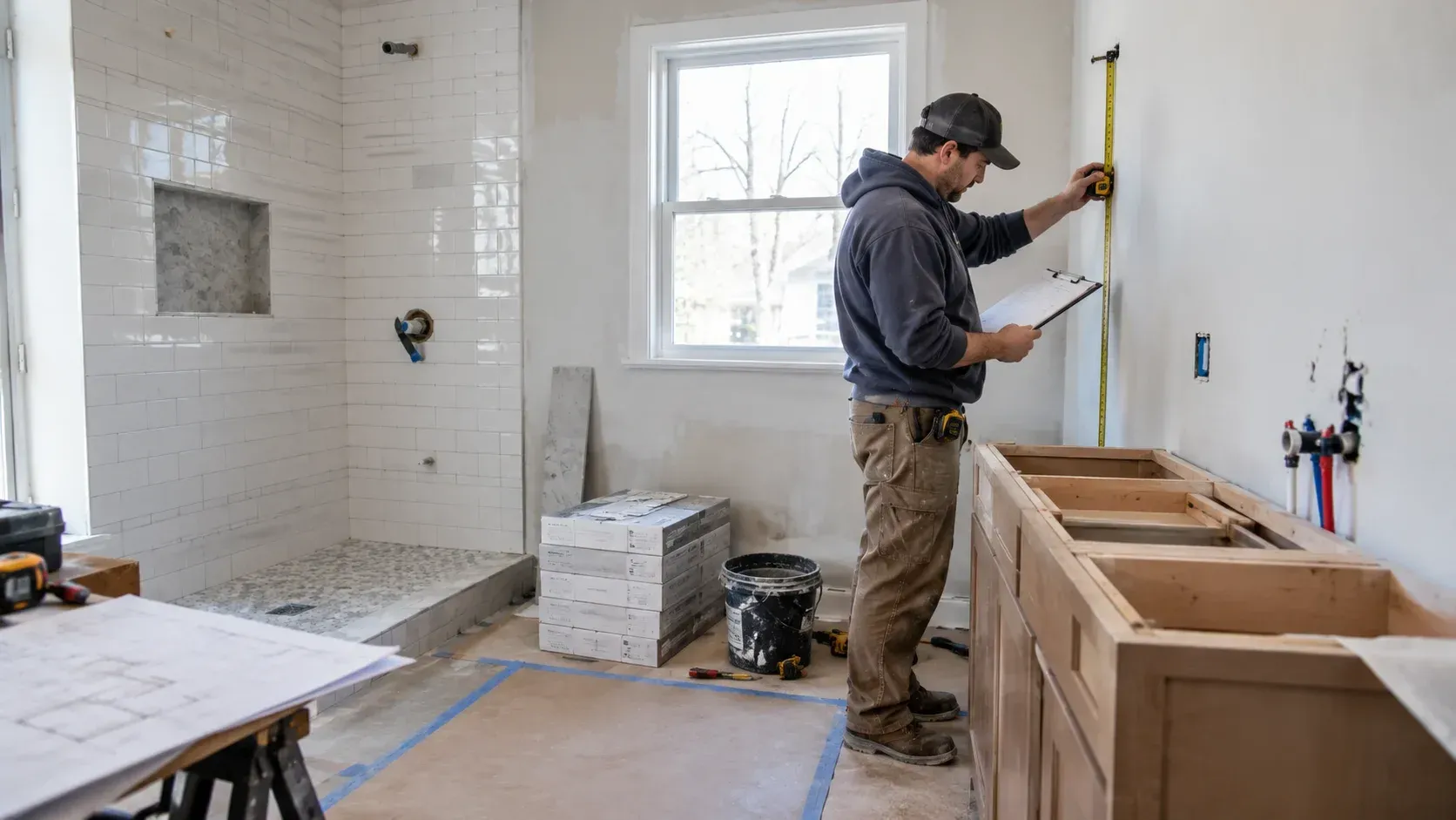 Contractor measuring a wall for a bathroom remodel.