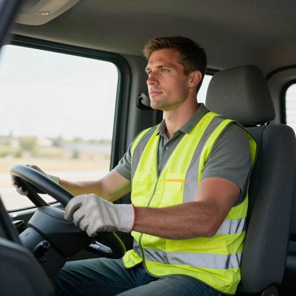 Driver in a yellow safety vest and gloves steering a vehicle, looking ahead.