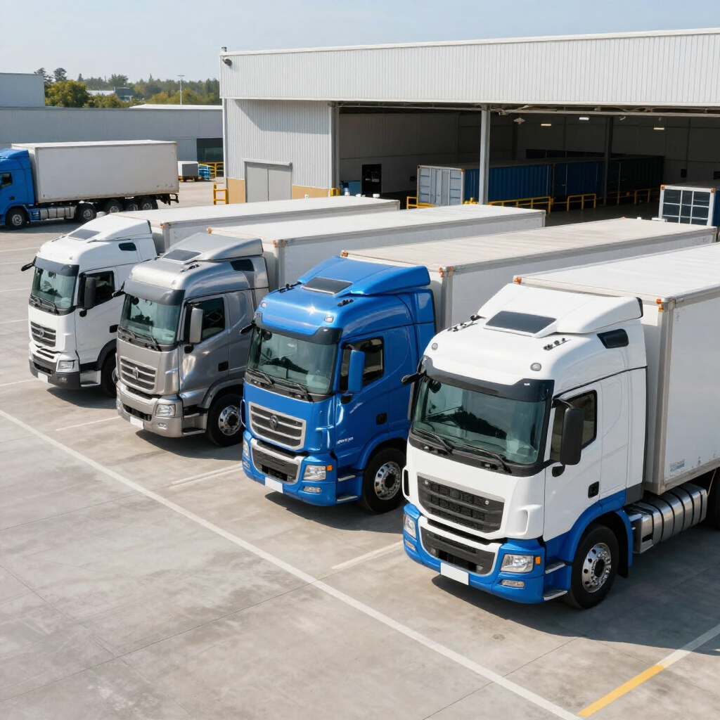 Four semi trucks parked in a warehouse yard, including blue, gray, and white cabs