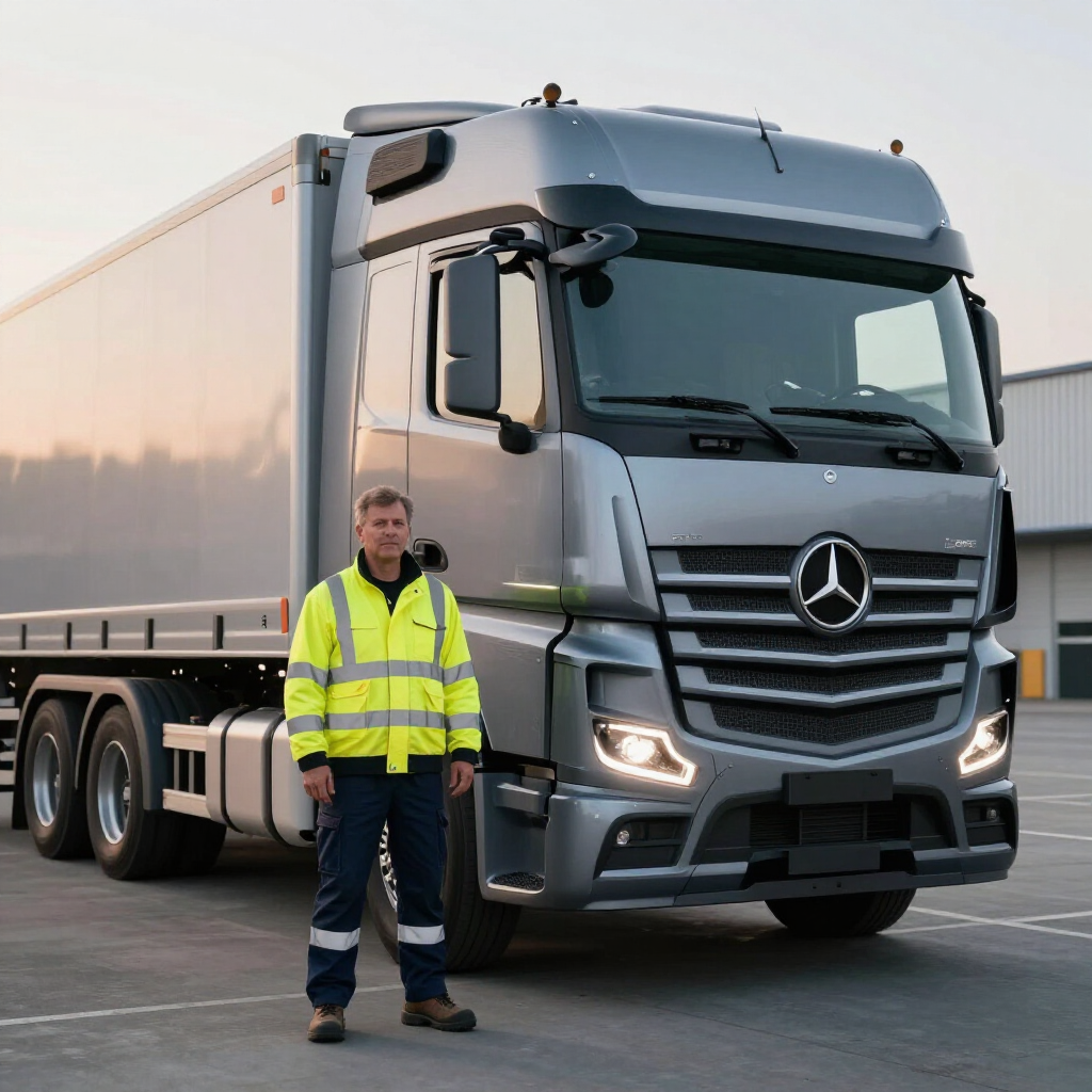 Truck driver standing beside a silver Mercedes-Benz semi-truck at dawn