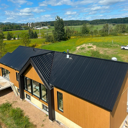 Maison moderne avec toit noir et bardage en bois dans un paysage rural verdoyant