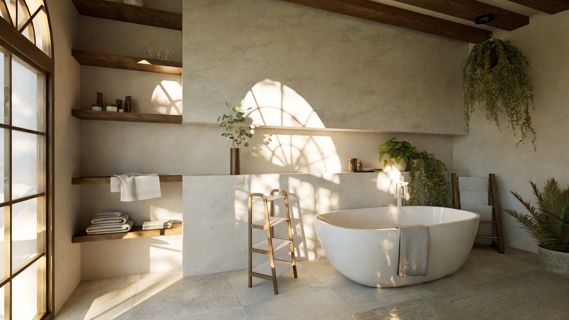 A bright, minimalist bathroom with a white freestanding tub, arched window lighting, wooden shelves, and hanging plants.