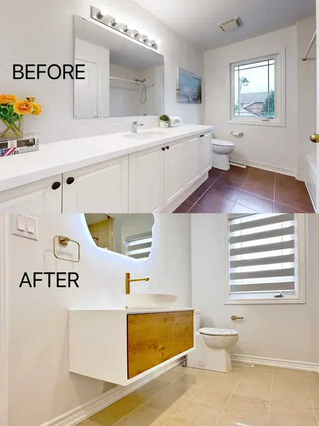 Before and after bathroom renovation: white cabinets, brown floor vs. floating vanity, tan floor.