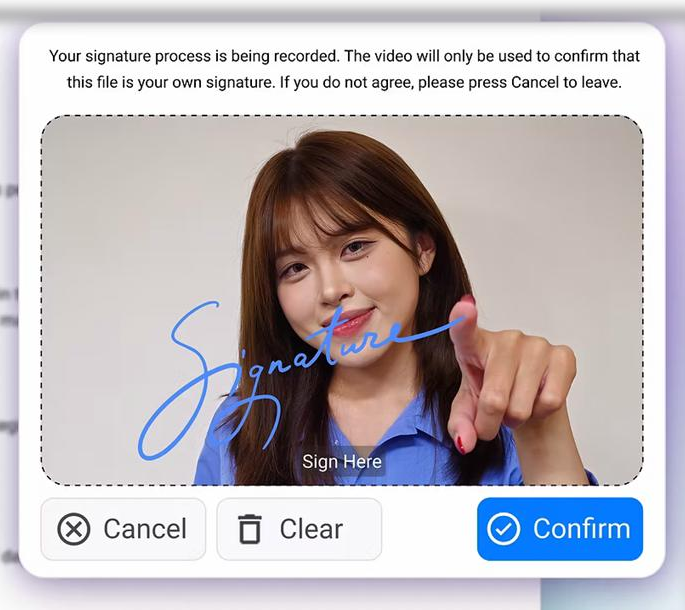 A person signs a document on screen while eSign records video, voice, and signature together.