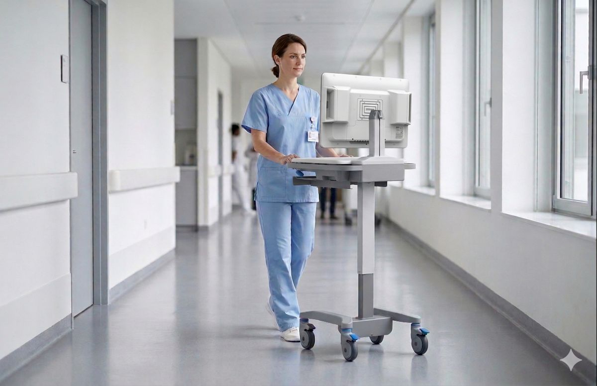 Nurse using a POC-4-equipped mobile cart in a hospital hallway