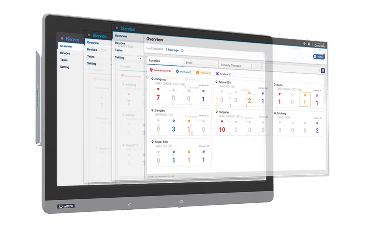 POC-4 medical panel PCs connected to the Advantech DeviceOn management dashboard, showing device status across multiple hospital locations