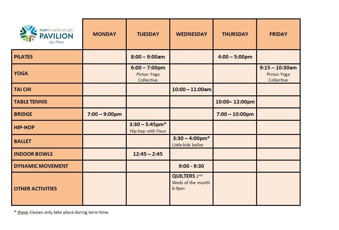 Port Marlborough Pavilion Timetable 2024