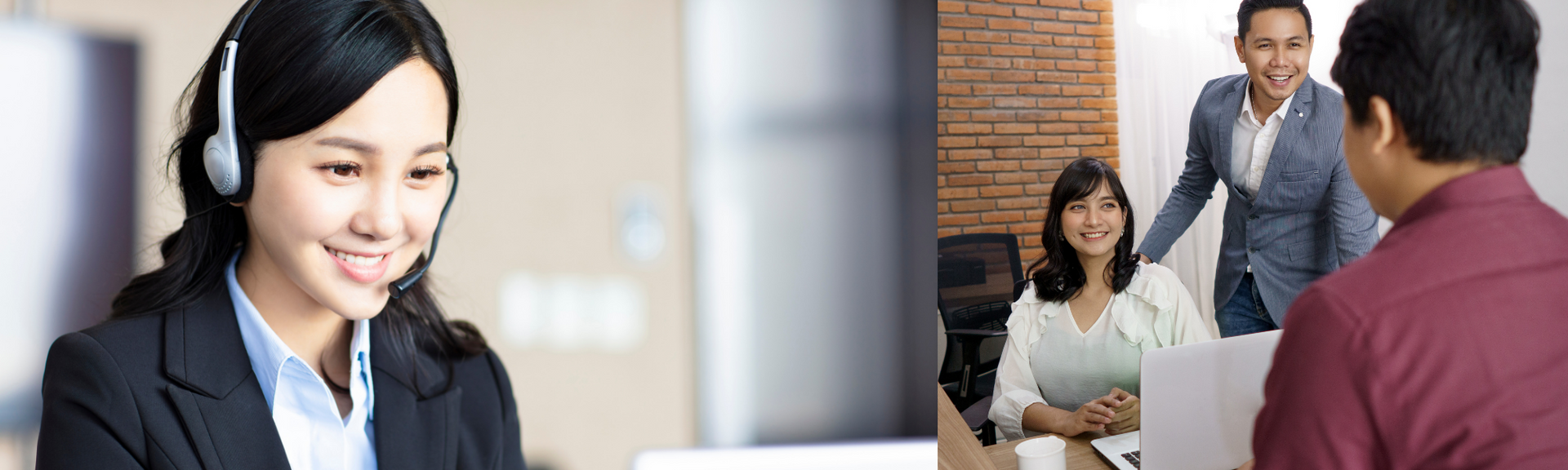 Headset-wearing customer support agent smiling in an office beside a team meeting with coworkers and presenter