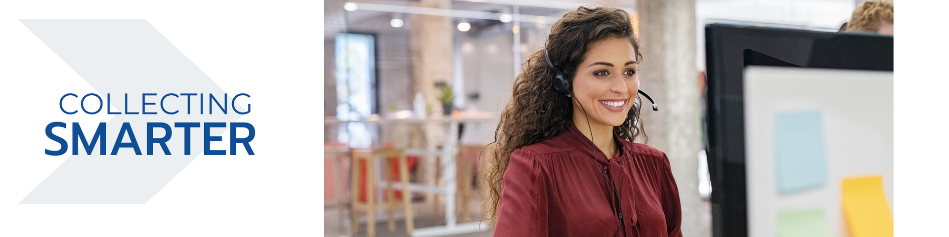 Smiling woman in a white coat standing beside a laptop in an office, with “Collecting Smarter” text on the left.