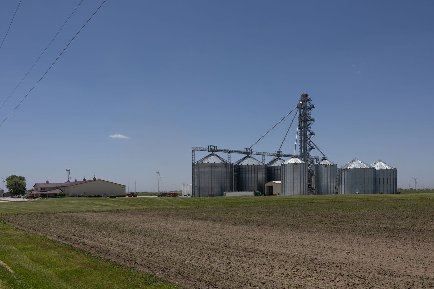 A row of silos in a field with a building in the background