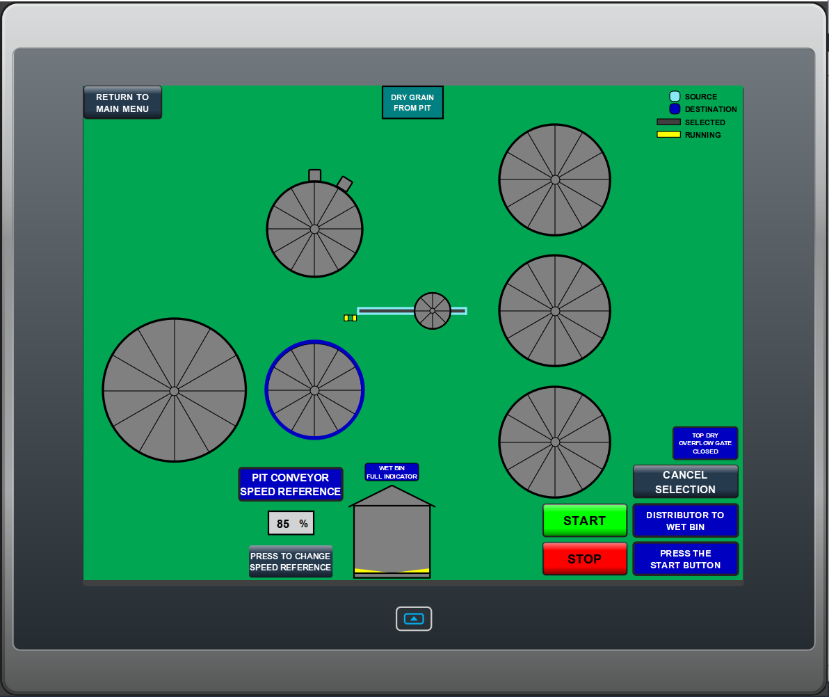 A computer screen with a green background and a start button