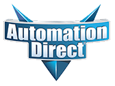 The logo for automation direct is blue and white with a triangle in the middle.