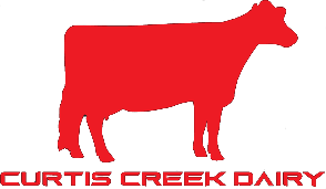 The logo for curtis creek dairy shows a red cow on a black background