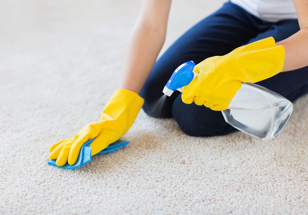 A Person Wearing Yellow Gloves Is Cleaning A Carpet With A Spray Bottle — Mr Steam Clean Tweed Coast In Banora Point, NSW