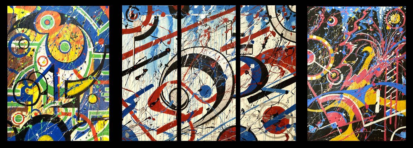 Abstract colorful mural panels with bold black lines and splashes of red, blue, yellow, and white