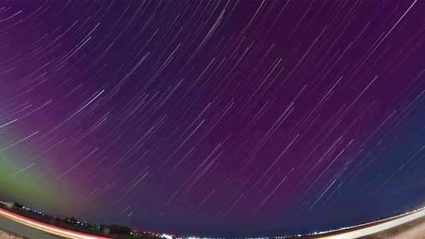 Starlapse, purple sky, streaking stars, atmosphere, star trails, May 2024, Colorado