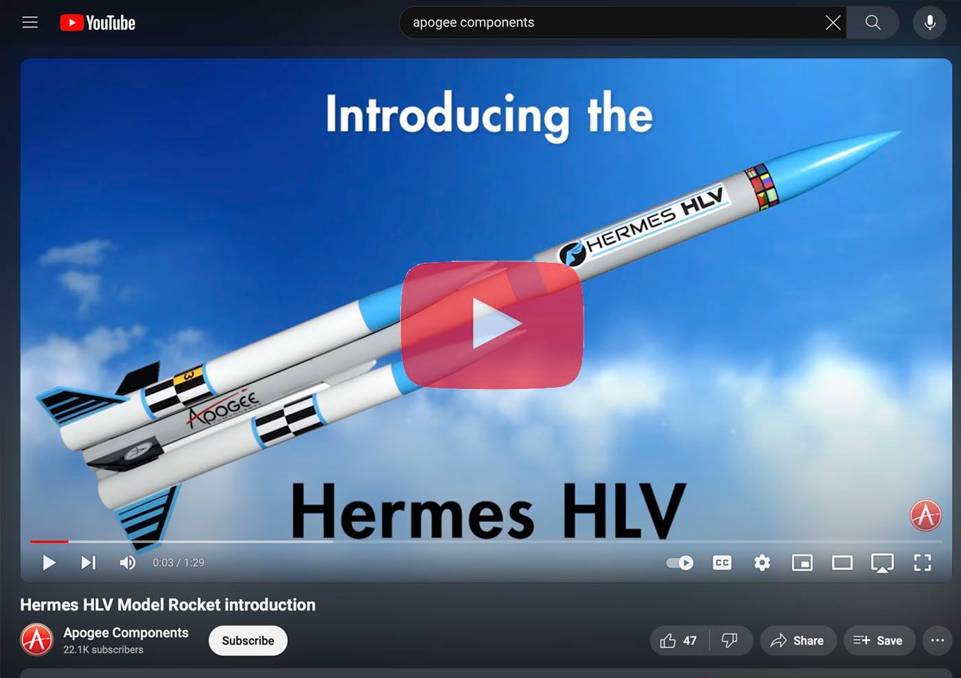 YouTube thumbnail of a Hermes HLV rocket against a blue sky with the text “Introducing the Hermes HLV”