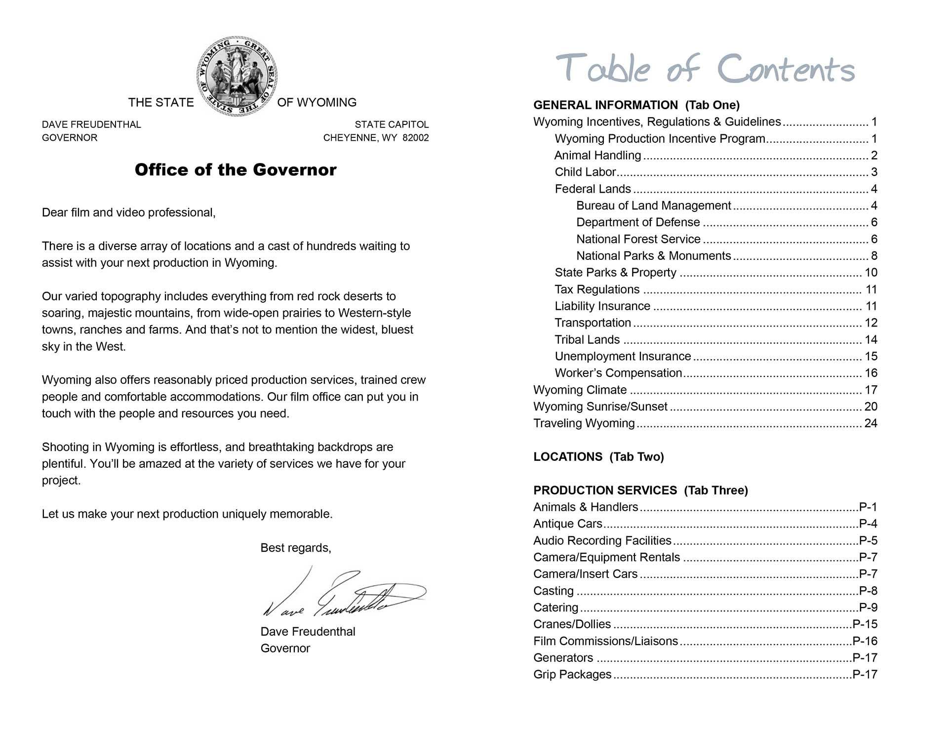 Letter from the Governor, and the Table of Contents in the 2004 Wyoming Film Guide