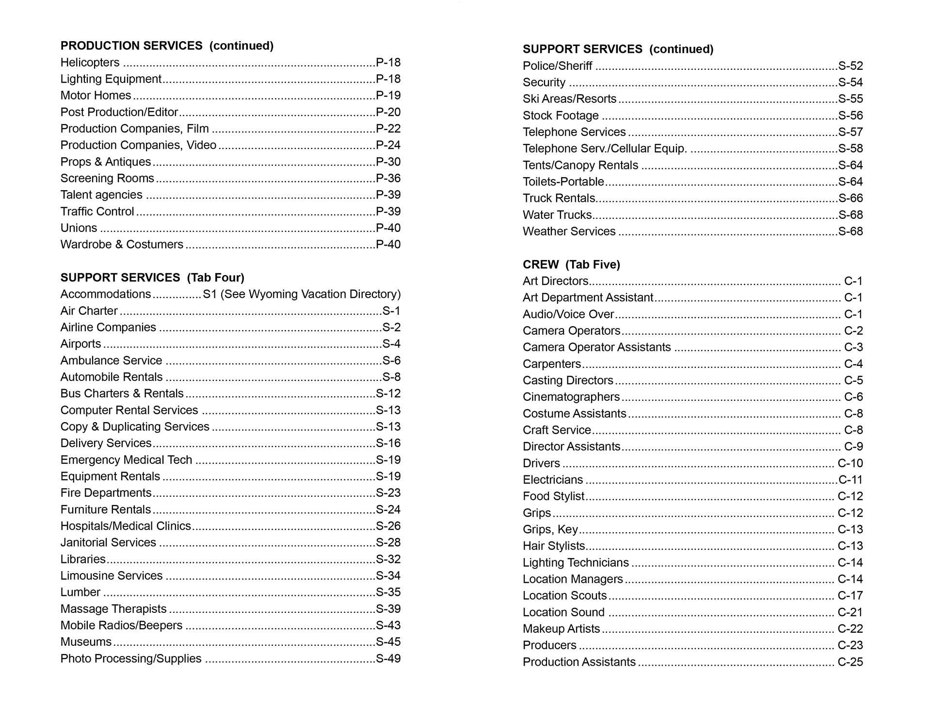 Table of Contents from the 2004 Wyoming Film Guide