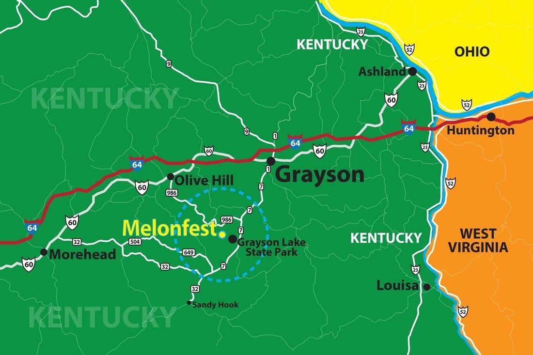 Map of Grayson and Huntington in Kentucky and West Virginia, with roads and MelonFest marked in green