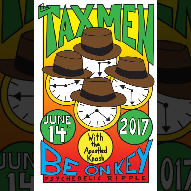 Taxmen movie poster with four fedora-wearing heads, June 14, 2017, and “Be Donkey” text on red and green background