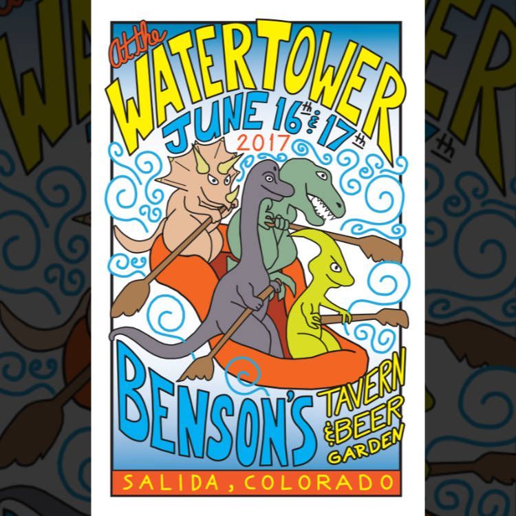 Poster for Watertower June 16–17, 2017, featuring Benson’s Bebeer Garden in Salida, Colorado, with cartoon animals.