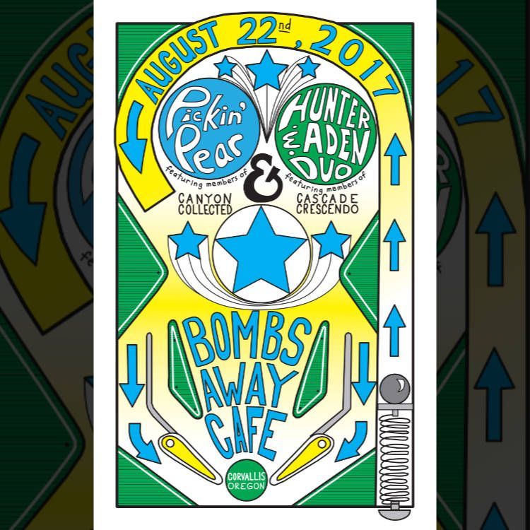 Colorful poster reading “Bombs Away Cafe” with blue stars, arrows, and a green-yellow nautical theme.