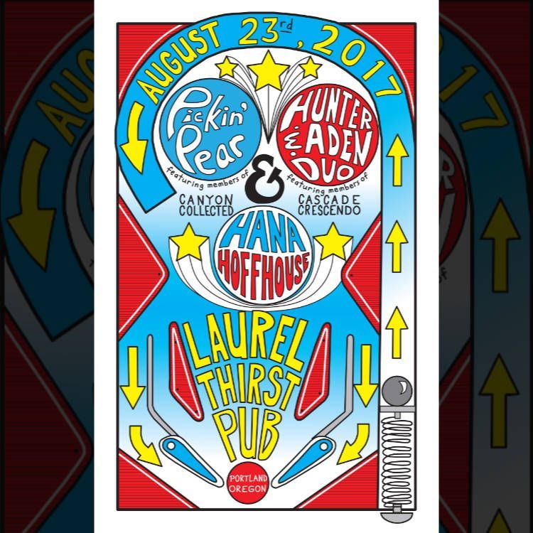 Colorful poster with names, stars, arrows, and a central heart on a blue and red background.