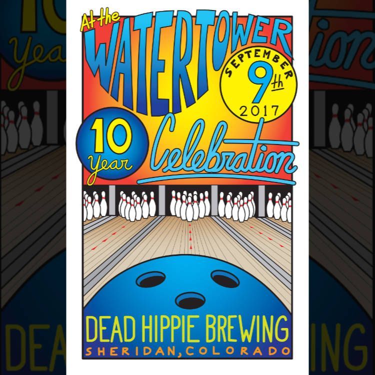 Watertower 10-year celebration poster for Dead Hippie Brewing, with bowling lane and pins, blue ball, yellow accents